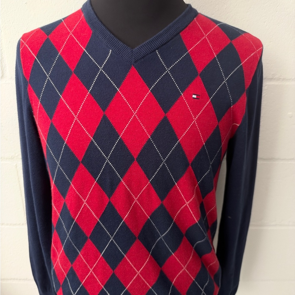 Tommy Hilfiger Navy & Red Argyle V-Neck Sweater – XS